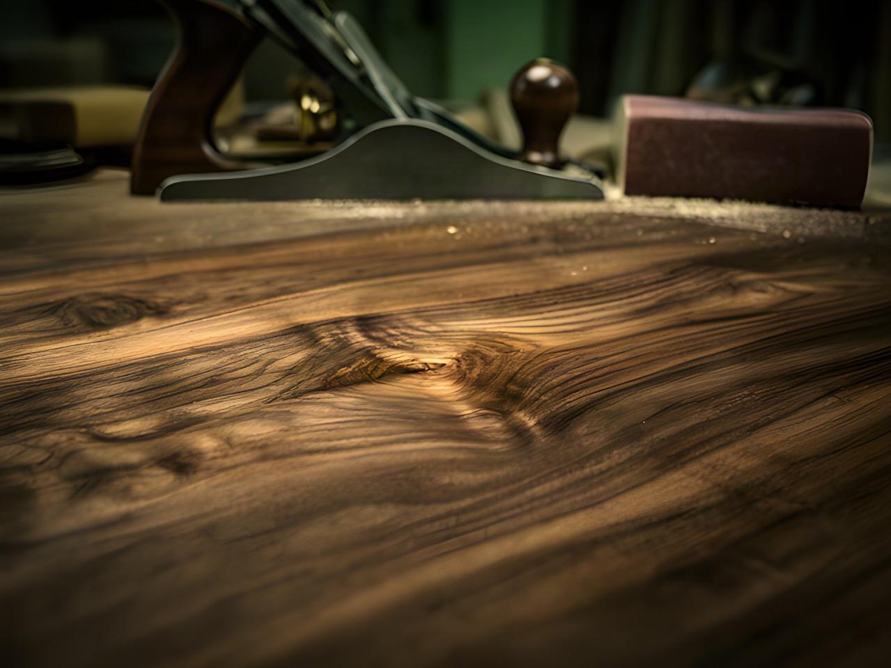 Dettaglio di una venatura in legno massello appena levigata con utensili artigianali sullo sfondo