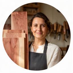 Ritratto di una collaboratrice specializzata in intaglio e finitura, accanto a tavole di ciliegio