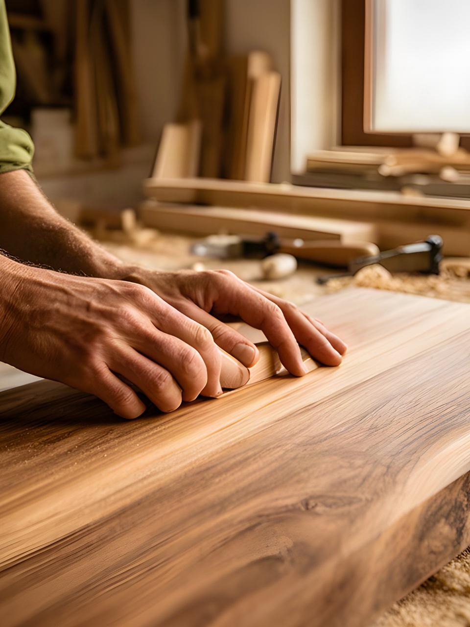 Mani di un falegname che rifiniscono una superficie in legno nel laboratorio di Badia Polesine
