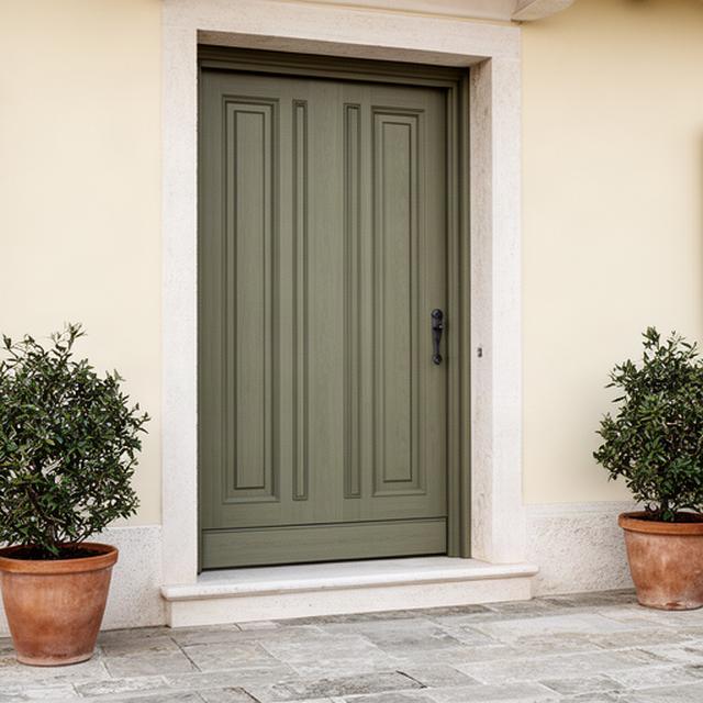Portone in legno verniciato installato all'ingresso di una casa veneta