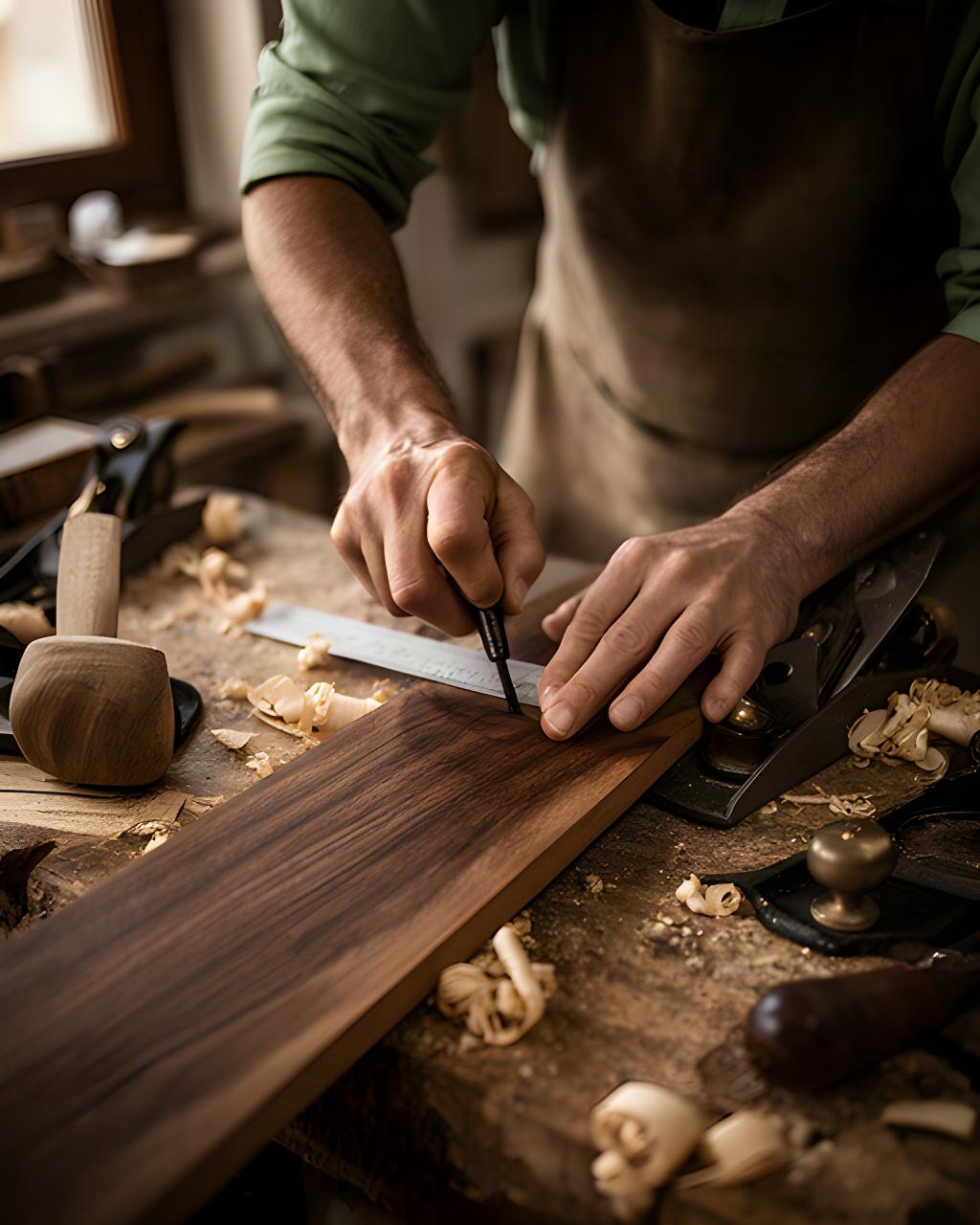 Falegname al lavoro su una tavola di legno massello nella bottega artigiana veneta