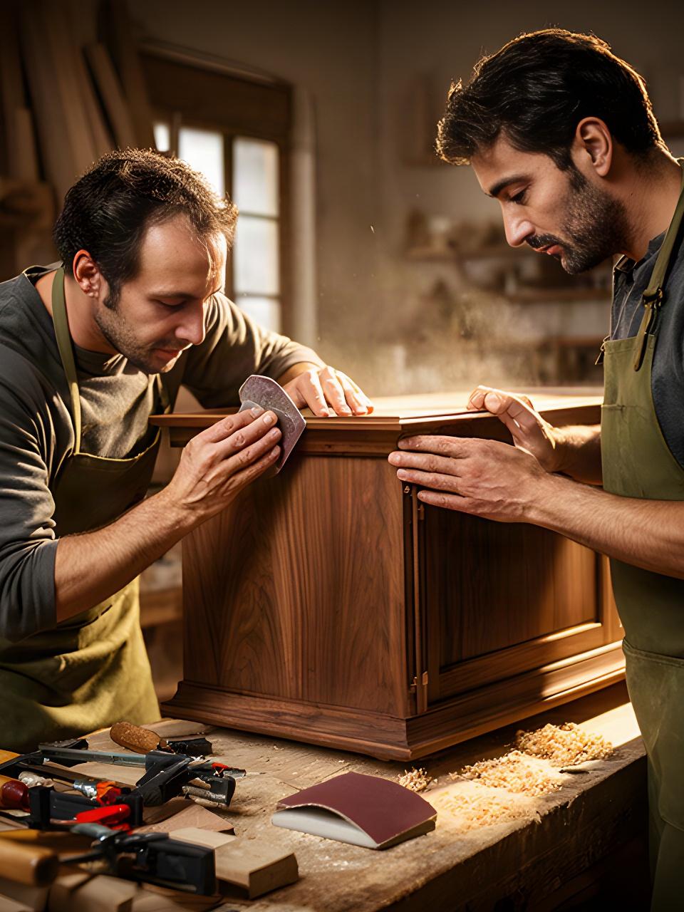 Due artigiani della falegnameria durante la rifinitura manuale di un mobile in noce
