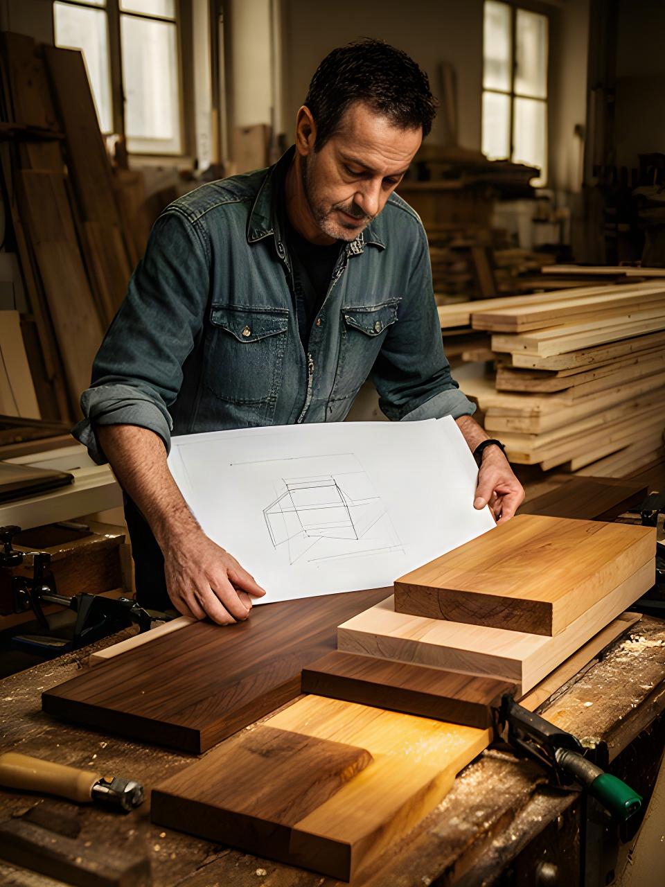 Falegname al banco mentre controlla un disegno tecnico accanto a tavole di legno massello