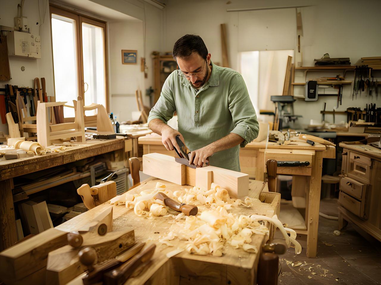 Maestro falegname al lavoro nella bottega di Badia Polesine, tra banchi in legno e trucioli chiari