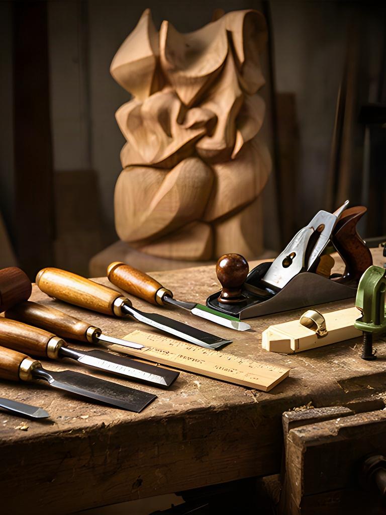Strumenti manuali ordinati su un banco di falegnameria con una scultura in legno sullo sfondo