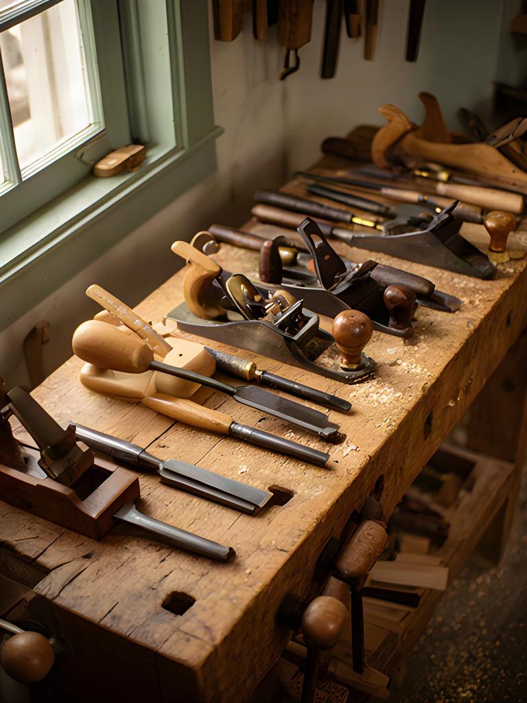 Banco storico in legno massello con pialle, morsetti e strumenti manuali nella bottega