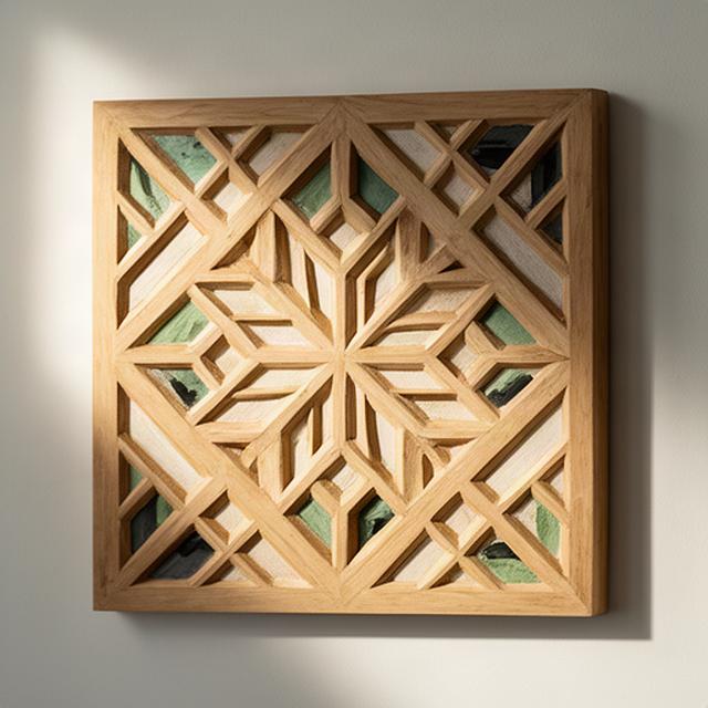 Pannello decorativo in legno inciso con motivi geometrici su parete chiara