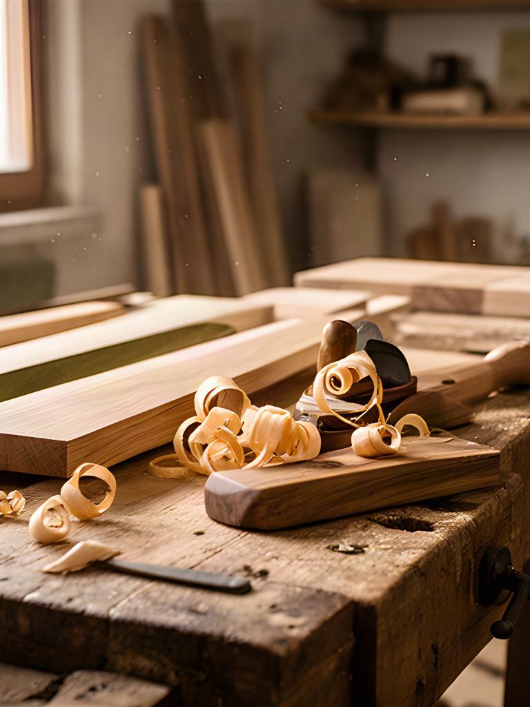 Banco da lavoro in legno in una falegnameria di Badia Polesine, con pialla, trucioli e tavole massello
