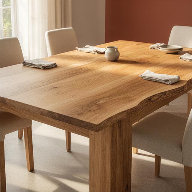 Tavolo da pranzo in rovere massello con bordo naturale in sala da pranzo