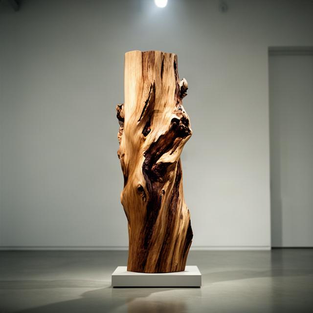 Scultura astratta ricavata da un tronco di olmo in uno spazio espositivo