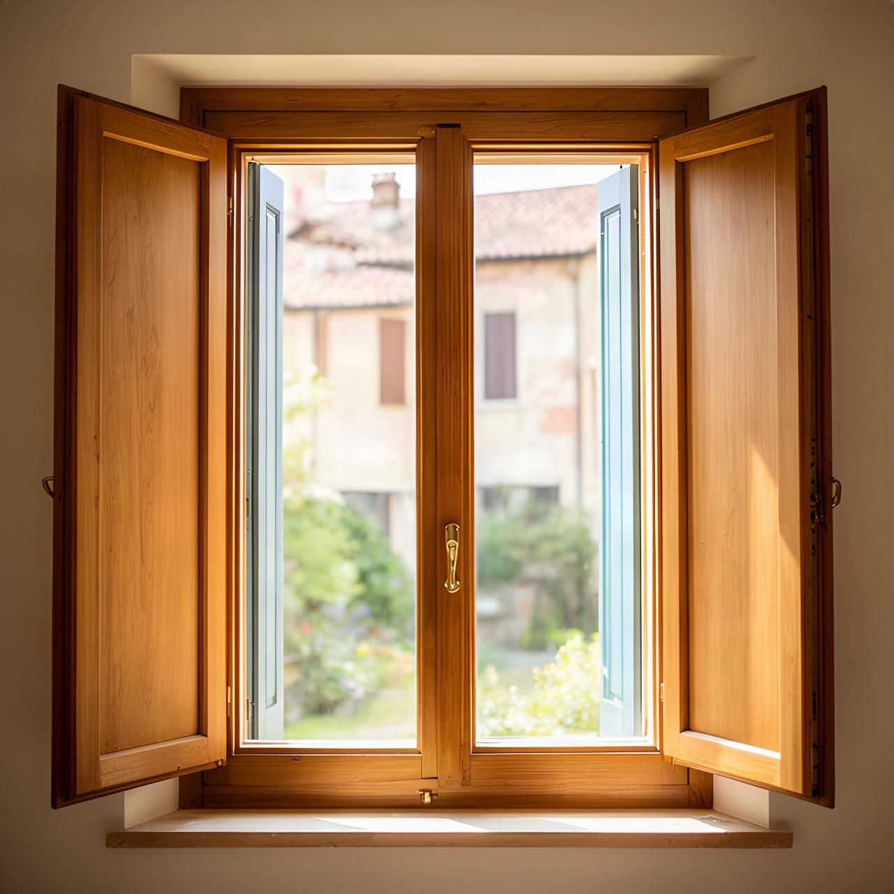 Finestra in legno con vetrocamera e scuri aperti in una casa veneta ristrutturata