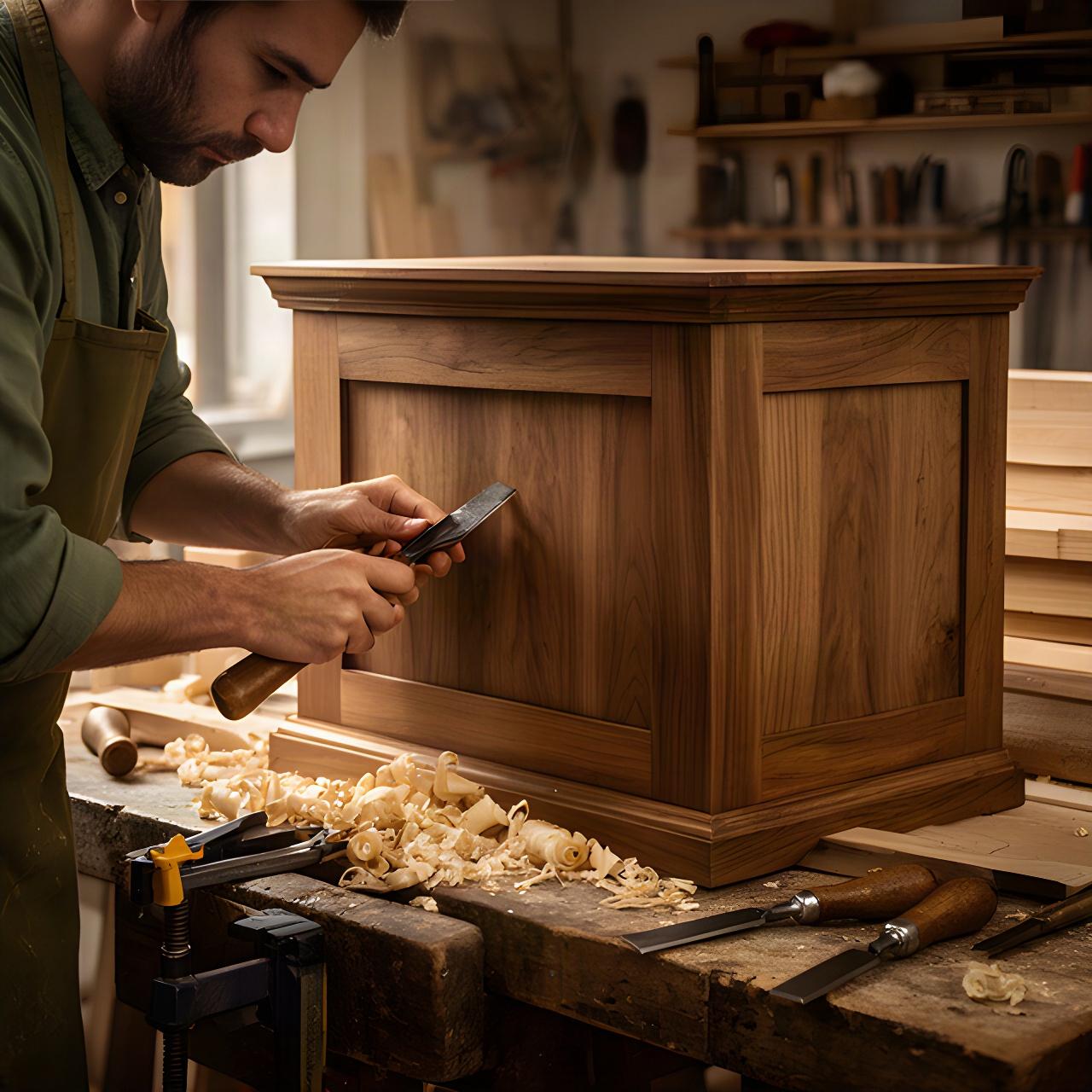 Falegname al lavoro su un mobile in legno massello nel laboratorio artigianale di Badia Polesine