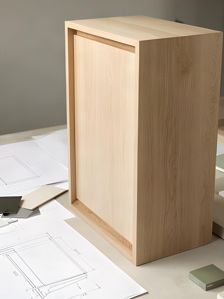 Mobile su misura in legno chiaro appoggiato accanto a disegni tecnici e campioni di finitura
