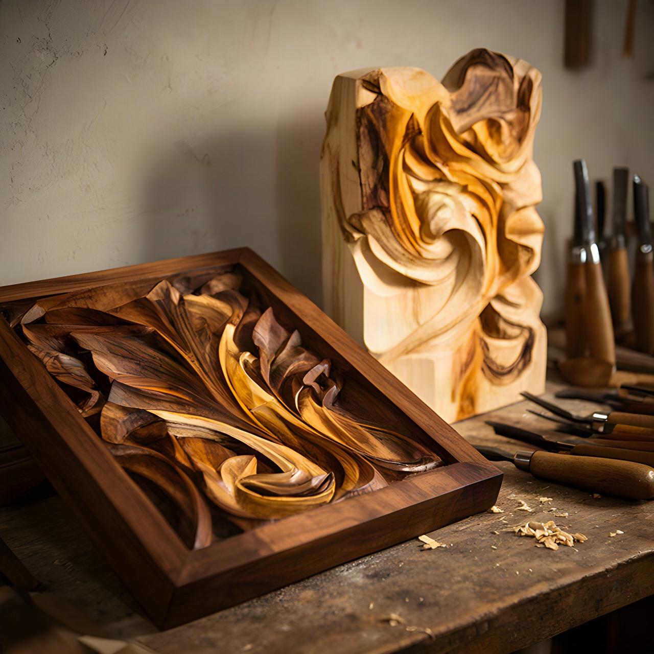 Pannello decorativo in legno intagliato accanto a una scultura nel laboratorio artigianale
