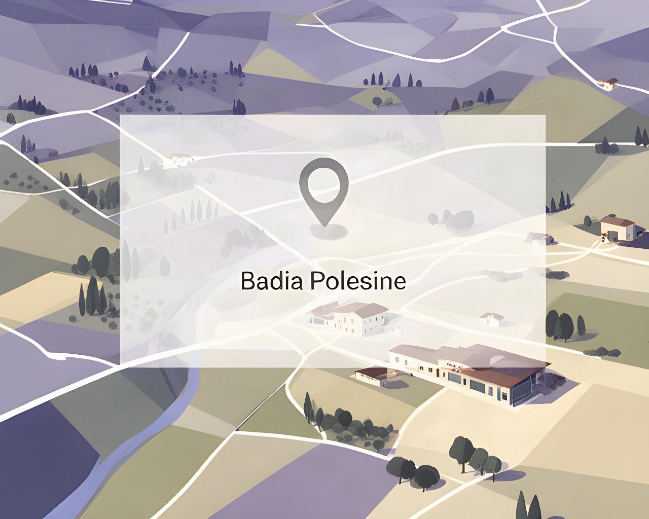 Veduta illustrata della campagna intorno a Badia Polesine con strade locali e indicazione della bottega