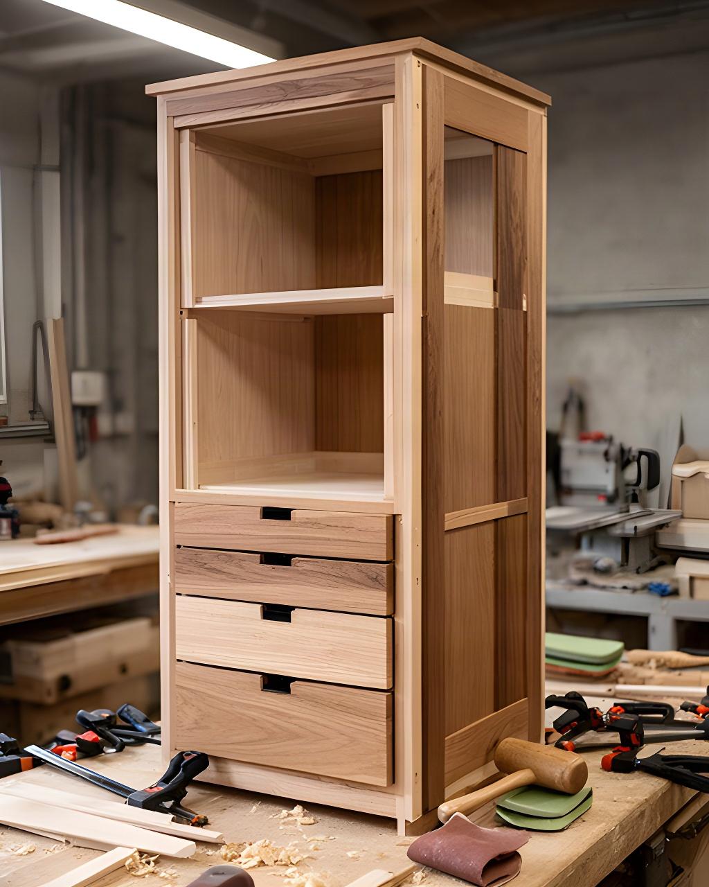 Mobile in legno montato a secco nel laboratorio prima della finitura conclusiva